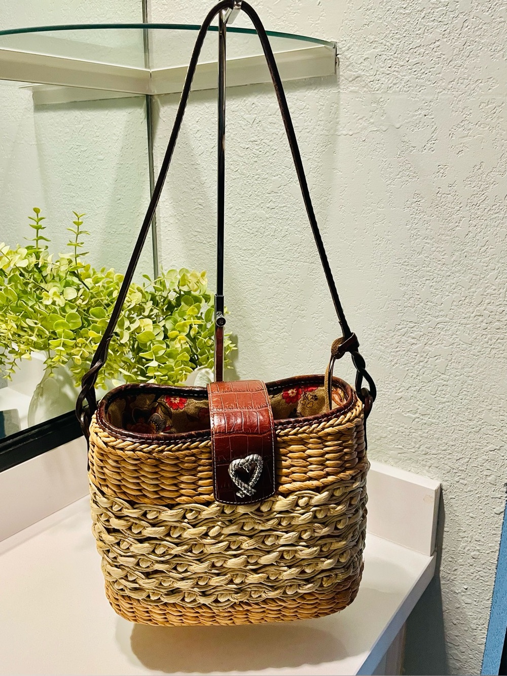 Brighton Straw Shoulder Bag with Leather Strap and Accents